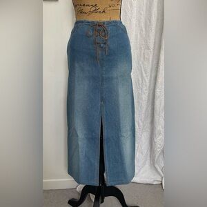 Santa Barbara Clothing Co Leather Lace up Vintage Denim Jean Midi Skirt Size 9
